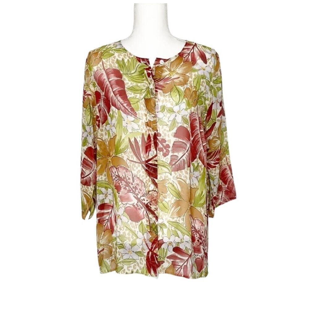 Laura Ashley Silk Tropical Floral Leaves Button Front Top Medium